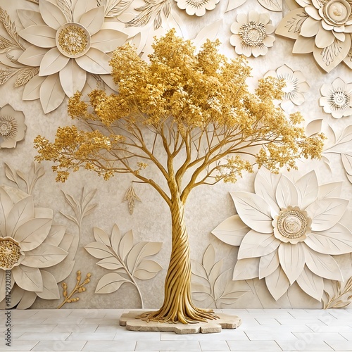 Elegant 3D Floral Background – Golden Bodhi Tree with Stucco Stems and Leaves.

