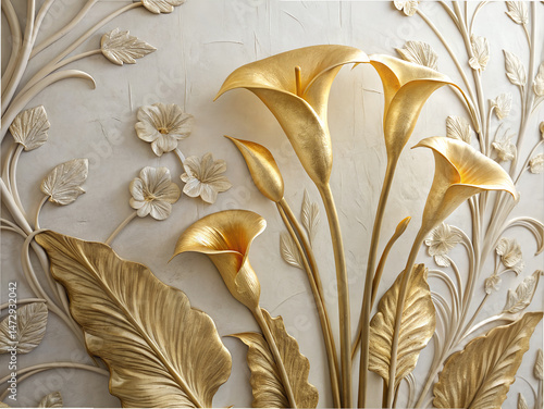Elegant 3D Floral Background – Golden Calla Lilies with Stucco Stems and Leaves.