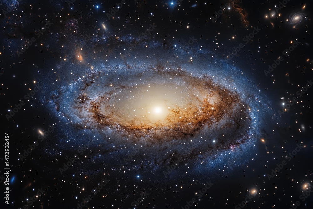 Obraz premium Spiral galaxy, swirling cosmic dust, vibrant colors. Vast expanse of stars, nebulae, and celestial bodies