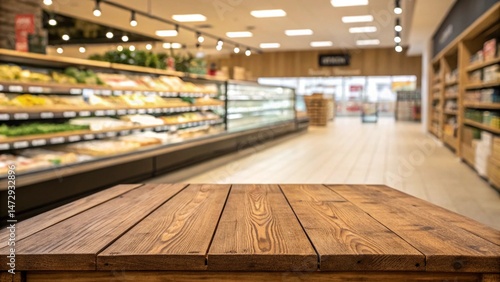 Wooden board, empty table in front of blurred background super market.