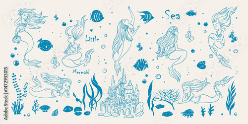 Mermaids and sea creatures - blue color. Sea collection doodle hand drawn. Big mermaid set. Vector illustrations.