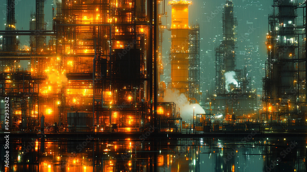 Fototapeta premium A futuristic scene showcasing a smart factory powered by advanced technology. The seamless integration of AI, IoT, and robotics enhances efficiency and productivity in modern manufacturing processes.