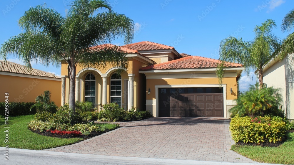 Fototapeta premium Charming Homes in South Florida: Gated Community with Palm Trees and Scenic Asphalt Road