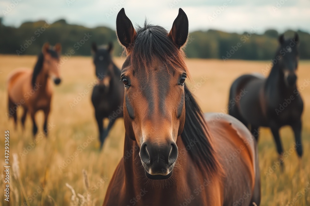 Obraz premium Charming Horses in Serenity: Close-Up of Brown and Black Equines Grazing in a Verdant Countryside Field