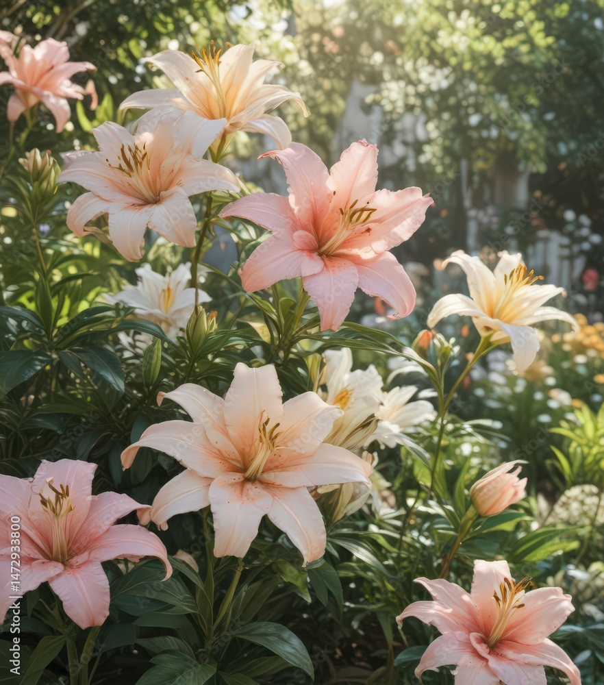 Fototapeta premium Soft pastel roses and lilies in a sunlit garden , roses, soft