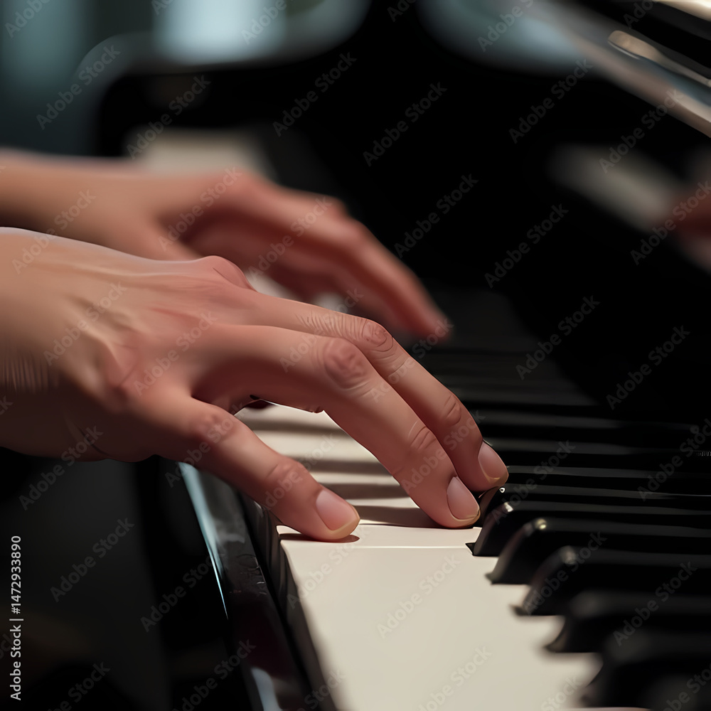 Obraz premium Musician’s Hands Performing on a Piano Keyboard