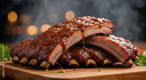 Juicy Barbecue Ribs Stacked on Rustic Wooden Board With Flowing Sauce