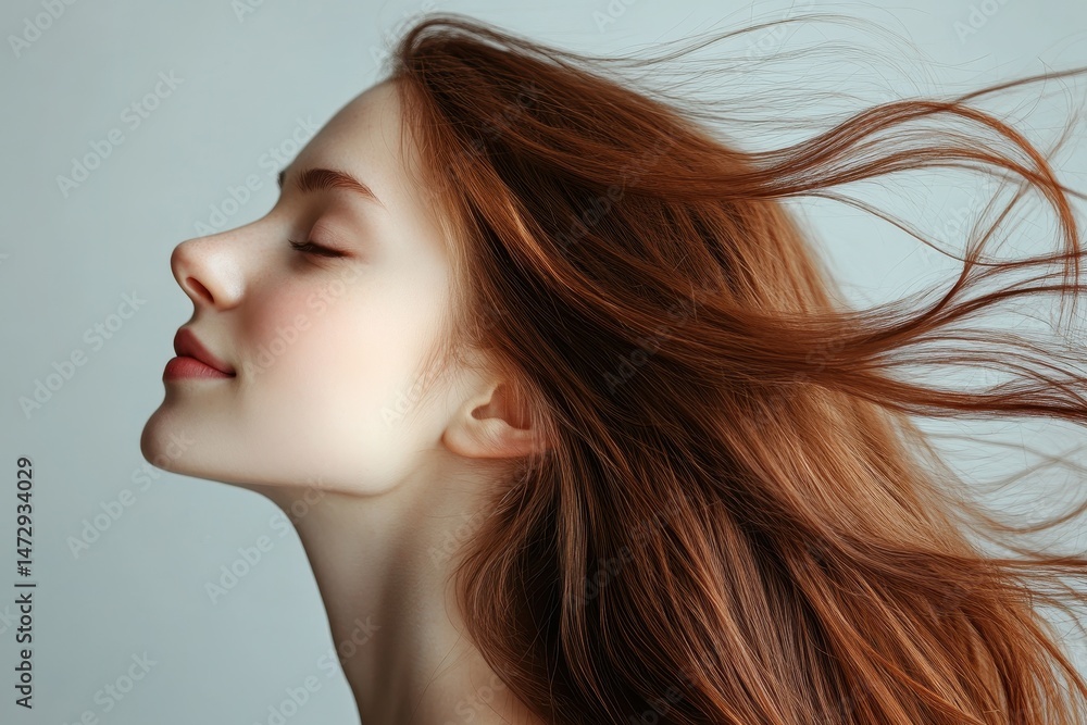 Fototapeta premium Charming Profile of a Beautiful Girl with Flawless Brown Hair Flowing in the Breeze Against a Soft Gray Background