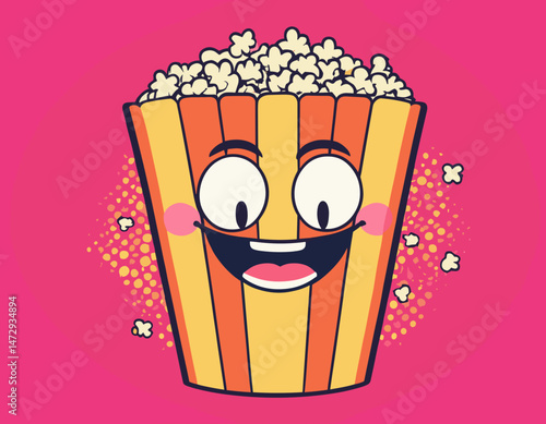 Cartoon popcorn bucket groovy character. Isolated vector lively psychedelic food personage with funky smile
