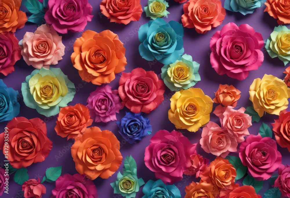 Gradient of colorful paper roses, vibrant backdrop, celebration, blue, rose Gradient of colorful paper roses, vibrant backdrop, celebration, blue, rose