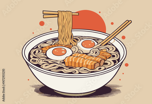 Retro Poster cartoon character of ramen, japanese food Graphic Design for T shirt Street Wear and Urban Style