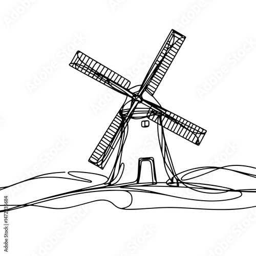 Minimalistic line art of a windmill silhouette on rolling hills, serene atmosphere conveying traditional farming and countryside charm, concept of agriculture or travel agency