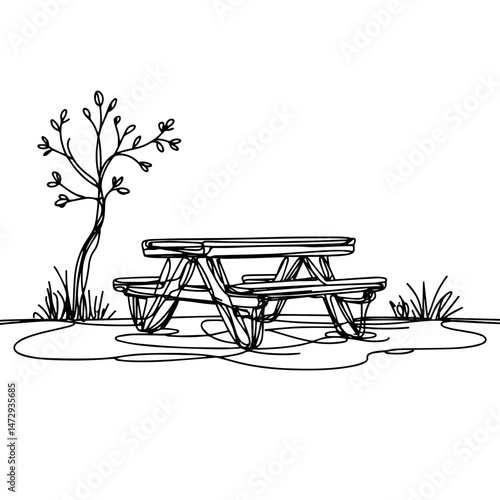 Minimalist illustration of a picnic table under a simple tree with grass, representing outdoor leisure and summer activities, concept of camping or summer holidays.