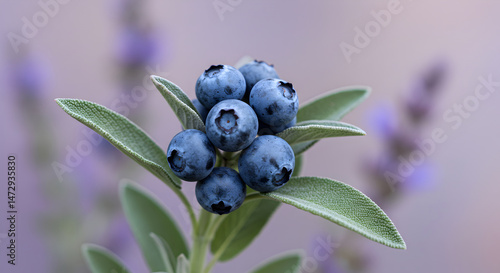 Vibrant Blueberries Garnishing Green Sage Leaves On Lavender Background