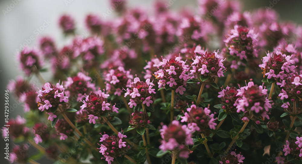 Obraz premium Crimson Thyme Blossoms: Close-Up of aromatic Herb for Culinary or Medicinal