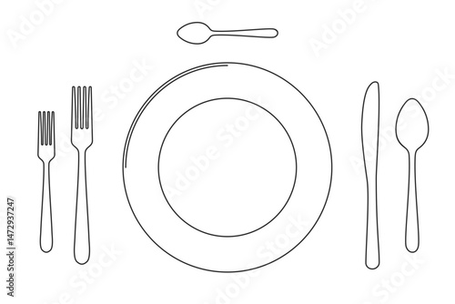 Table setting top view of a dinner plate with full set of knives and forks in outline vector