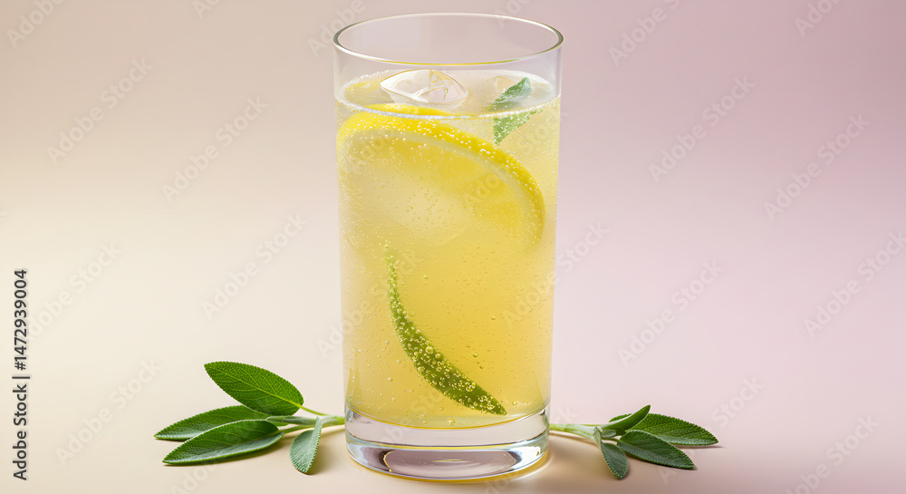 Fototapeta premium Refreshing Lemonade Infused With Sage Served In A Tall Glass On Pastel Background