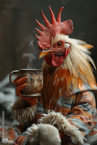 Rooster in pajamas enjoys hot drink on a cozy morning