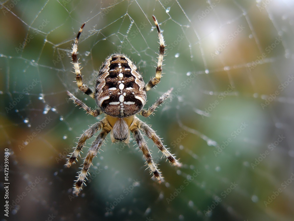 Close-up of a spider centered in its intricate web. Close-up of a spider centered in its intricate web.