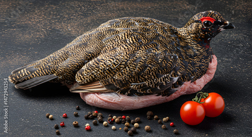 Prepared Hazel Grouse With Fresh Tomatoes And Pepper On Dark Background