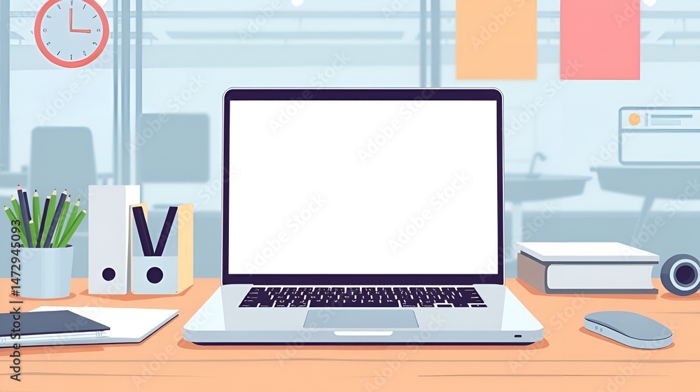 Fototapeta premium Vector illustration of a laptop computer with a blank empty display screen on a workplace desk, display, copy space