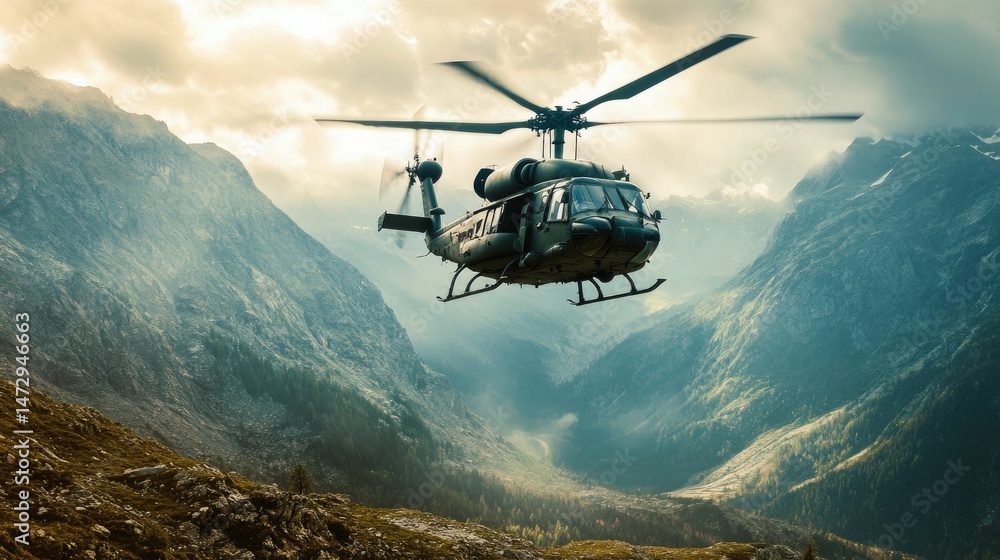 Fototapeta premium Military helicopter flies above mountainous terrain.