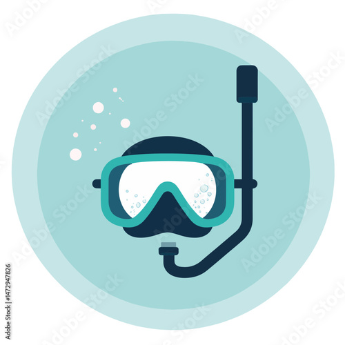 Stylized scuba diving mask illustration with bubbles on a soft turquoise background, representing summer holiday activities and the concept of water sports or diving schools.