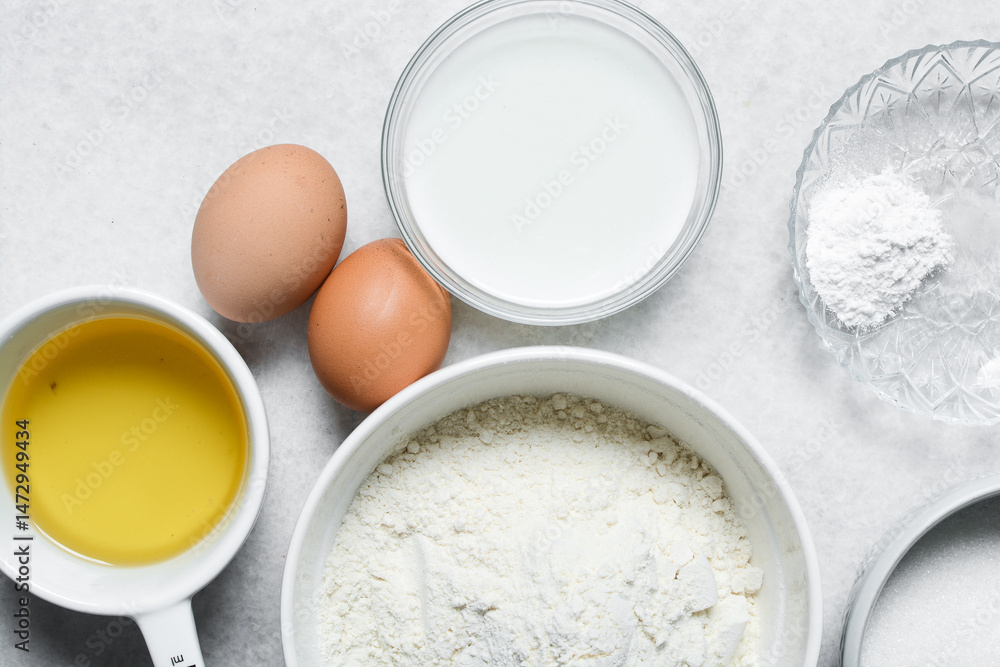 Overhead view of ingredients for making homemade cake, top view of mise en place of ingredients for making cake Overhead view of ingredients for making homemade cake, top view of mise en place of ingredients for making cake