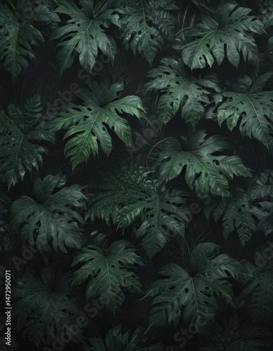 Intricate black & green exotic leaf pattern; dark, dramatic, stylish, trendy,  seamless,  background,  vibrant