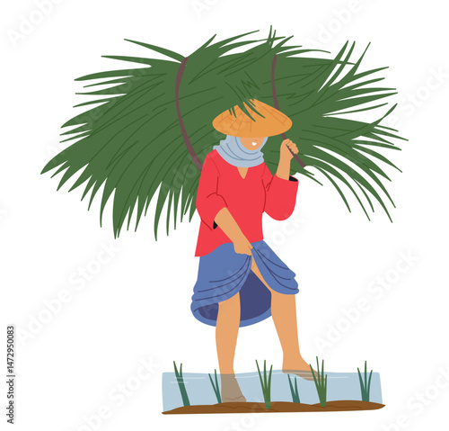 Asian farmer cartoon character working on rice plantation in oriental village isolated scene