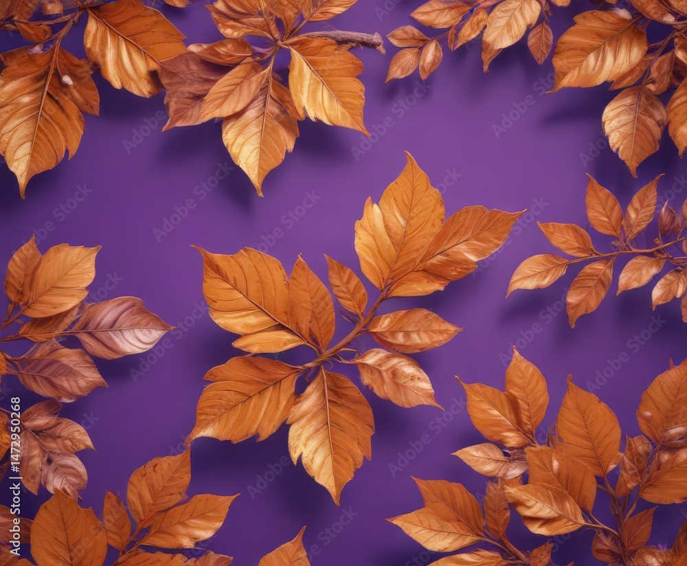 Fototapeta premium Intricate dry orange leaves, violet backdrop Metallic sheen, textured design , line, dried