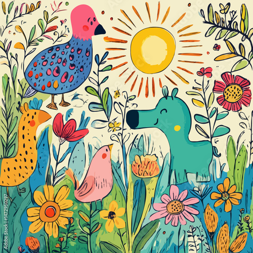 Children's drawing of animals and flowers with a cheerful mood in a bright colorful garden