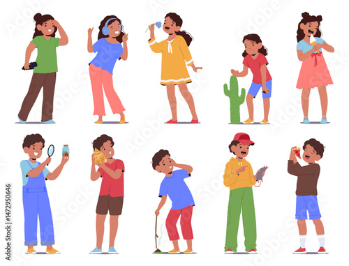 Girl and boy children cartoon character studying five human senses isolated set on white background