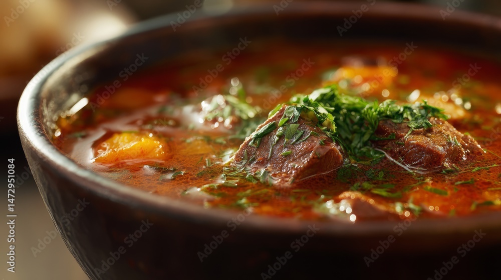 Kharcho Georgian beef soup close-up Kharcho Georgian beef soup close-up