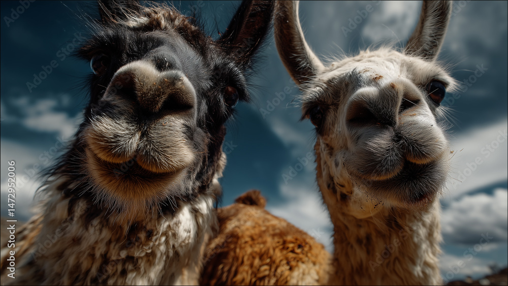 Obraz premium Alpaca and Llama Lovers Looking Up Against Blue Sky