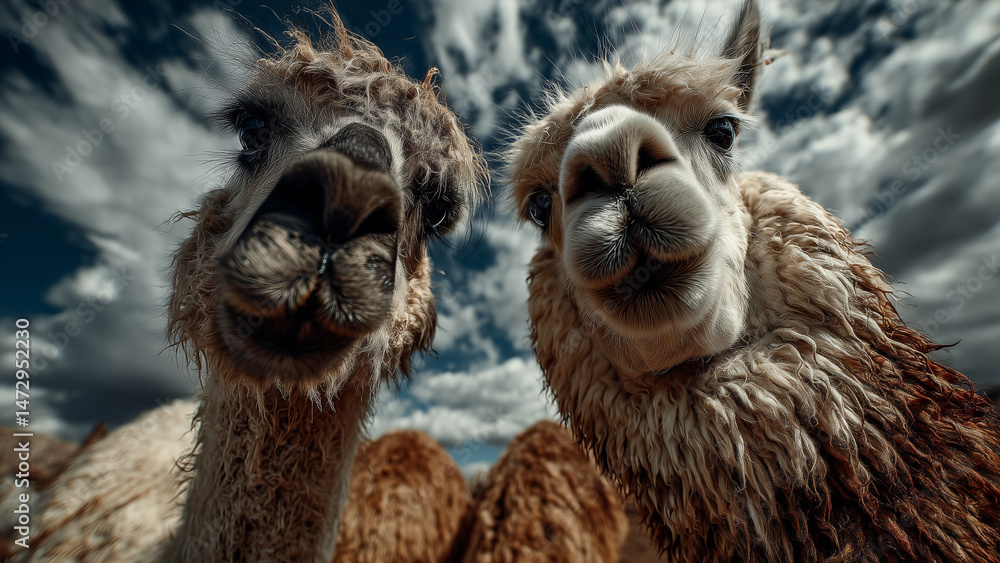 Obraz premium Alpaca and Llama Lovers Looking Up Against Blue Sky