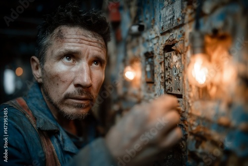 Wallpaper Mural A rugged individual interacting with an old weathered control panel in a dimly lit environment Torontodigital.ca