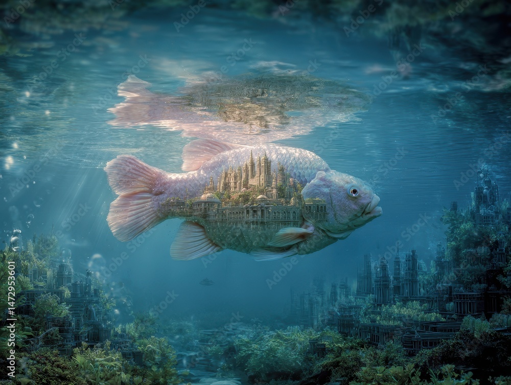 Fototapeta premium Submerged city reflected within a colossal fish.