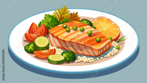 Freshly grilled salmon fillet served on a bed of fluffy quinoa and accompanied by a medley of steamed vegetables in a delicate, minimalist .