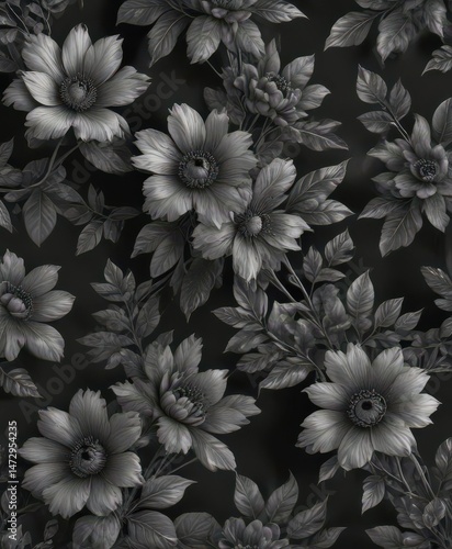 Delicate charcoal floral motif, seamless repeat  , decor, dark