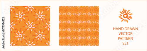 Vibrant fall cloud sunshine seamless nursery pattern set. Naive illustration of summer sky in hand drawn playful style for childrens nursery backdrops, wallpaper. 