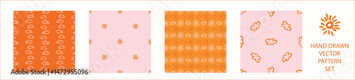 Vibrant fall cloud sunshine seamless nursery pattern set. Naive illustration of summer sky in hand drawn playful style for childrens nursery backdrops, wallpaper. 