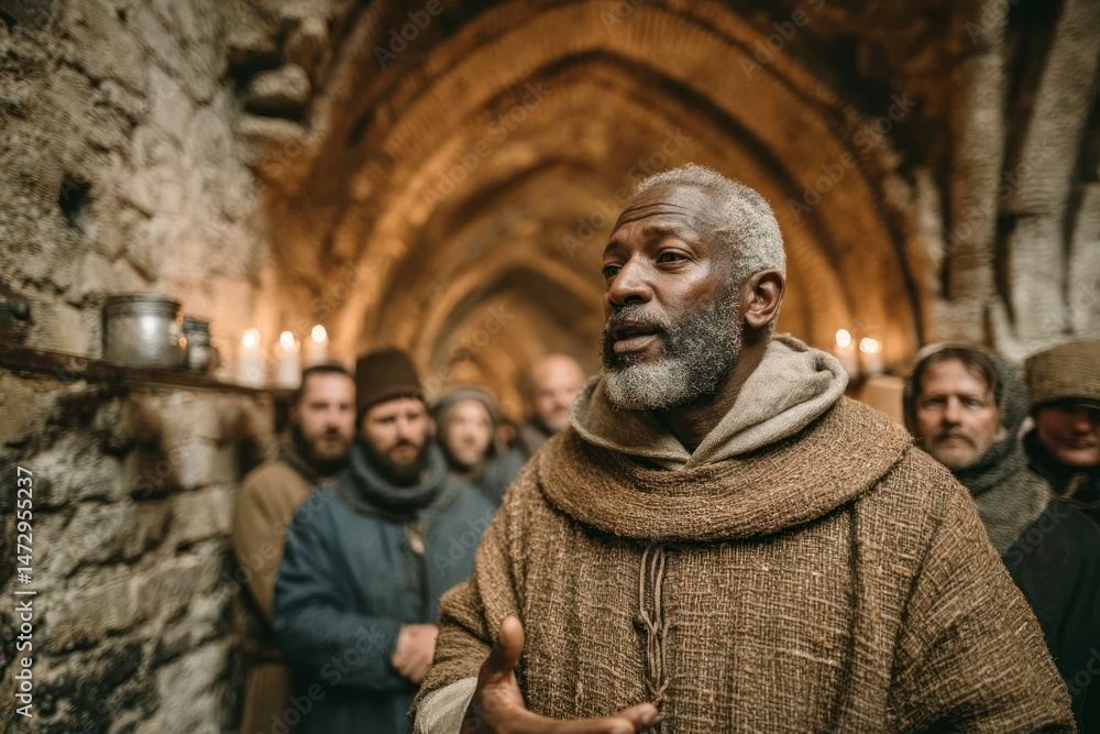 Naklejka premium A historical figure in medieval attire addressing a group in an ancient stone hall