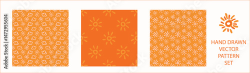 Vibrant fall cloud sunshine seamless nursery pattern set. Naive illustration of summer sky in hand drawn playful style for childrens nursery backdrops, wallpaper. 
