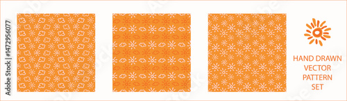 Vibrant fall cloud sunshine seamless nursery pattern set. Naive illustration of summer sky in hand drawn playful style for childrens nursery backdrops, wallpaper. 