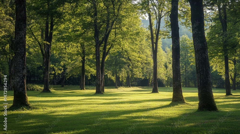 Naklejka premium Enchanting Sunlight Through Woodland Trees on Lush Green Grassy Meadow