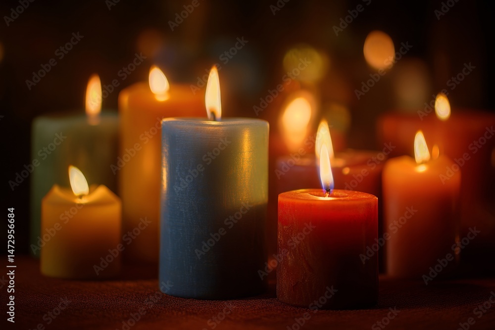 Several vibrant lit candles create a warm and inviting atmosphere with soft, gentle light. Several vibrant lit candles create a warm and inviting atmosphere with soft, gentle light.