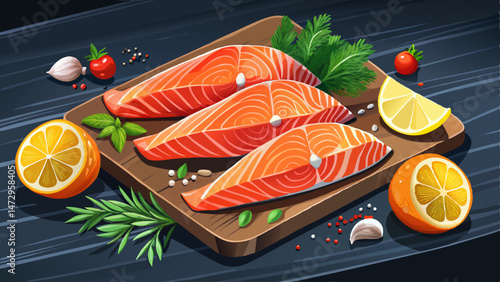 Fresh salmon fillets on black cutting board with herbs and spices.
