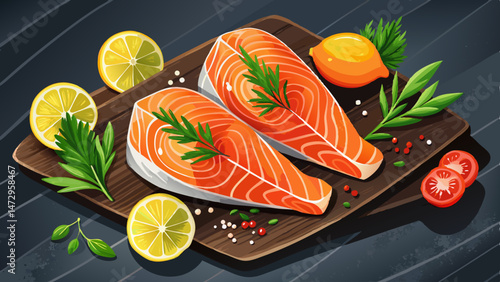 Fresh salmon fillets on black cutting board with herbs and spices.