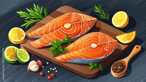 Fresh salmon fillets on black cutting board with herbs and spices.